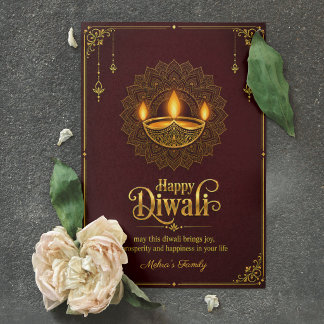 Carte Joyeux Diwali Élégant Diya Mandala Burgundy Doré