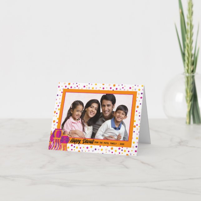 Carte Joyeux Diwali Photo Colorful rose violet lanterne (Devant)