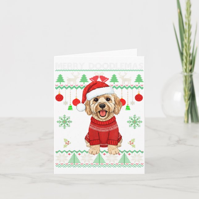 Carte Joyeux Doodlemas Goldendoodle portant un pull de N (Devant)