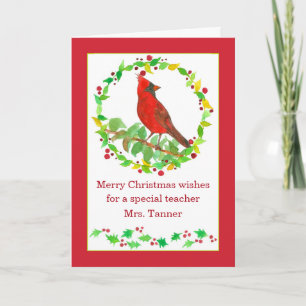 Carte Joyeux enseignant de Noël Rouge Cardinal Bird Cust