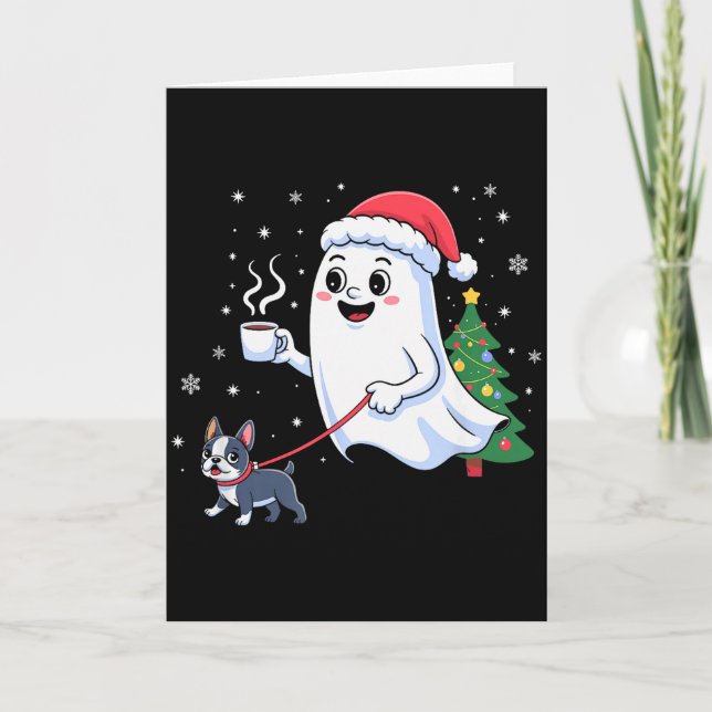 Carte Joyeux fantôme marche Boston Terrier chien de Noël (Devant)