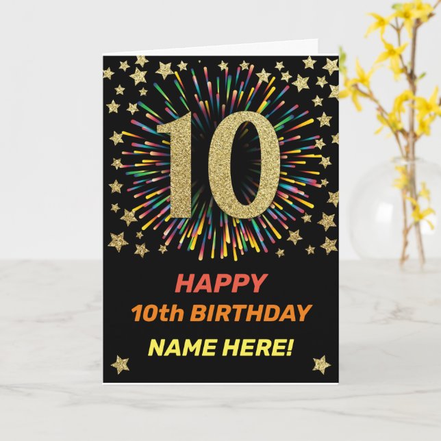 Carte Joyeux feu d'artifice Black & Gold pour le 10e ann (Fleur jaune)