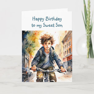 Carte Joyeux Fils d'anniversaire   Garçon en vélo en vil