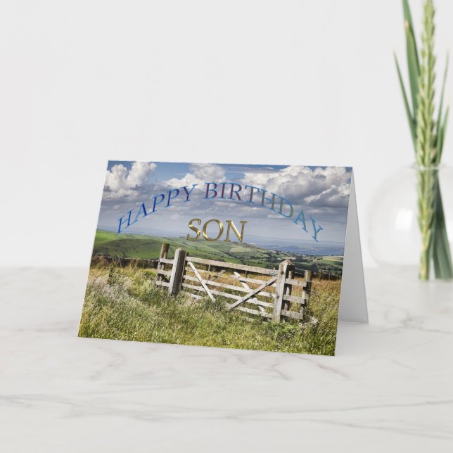 Carte Joyeux Fils d'anniversaire, paysage avec une porte (Devant)