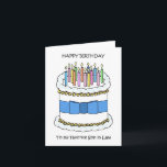 Carte Joyeux Fils favori d'anniversaire en droit<br><div class="desc">Image simple d'un gâteau d'anniversaire blanc décoré de bougies éclairées et d'un arc bleu. Les mots "Joyeux anniversaire à mon beau-fils préféré" accompagnent l'image.</div>