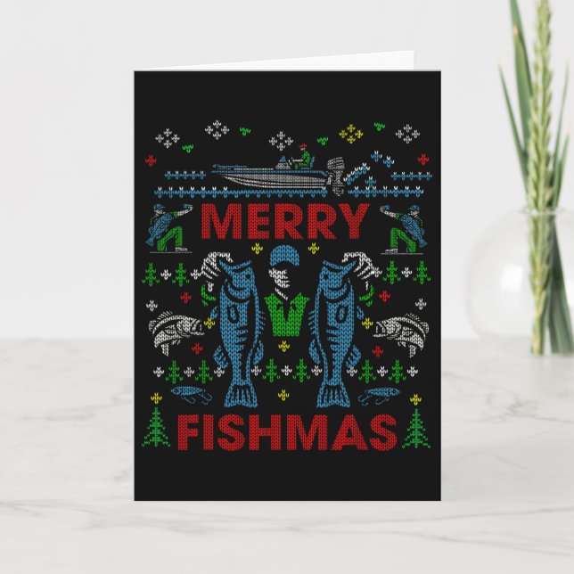 Carte Joyeux Fishmas Drôle de Pêche Pull de Noël Moche (Devant)