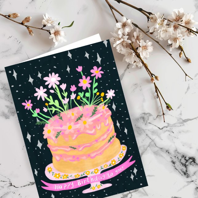 Carte Joyeux gâteau d'anniversaire amusant avec des fleu (Happy Birthday Fun Cake with Pink Flowers Gouache Card
)