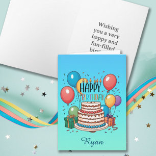 Carte Joyeux gâteau d'anniversaire et ballons sur Ombre