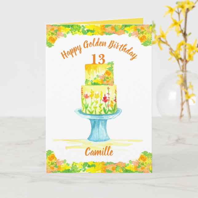 Carte Joyeux gâteau d'anniversaire Golden Nom personnali (Fleur jaune)