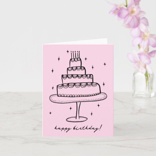 Carte Joyeux gâteau d'anniversaire Whimsical Sketch Dood (Orchidée)