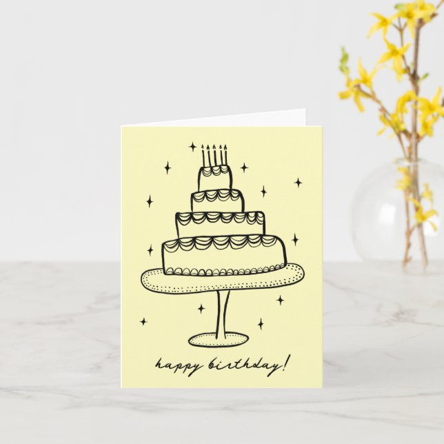 Carte Joyeux gâteau d'anniversaire Whimsical Sketch Dood (Fleur jaune)