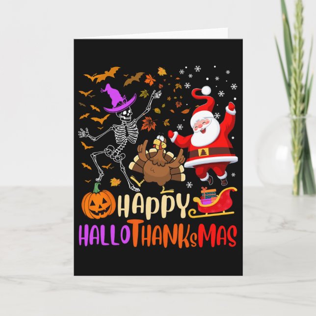 Carte Joyeux Hallothanksmas Squelette Citrouille Dinde P (Devant)