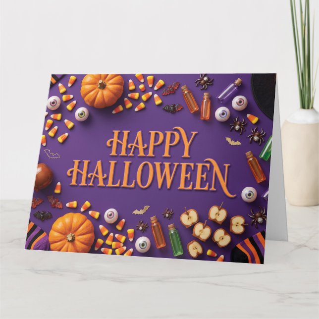 Carte Joyeux Halloween à plat sur fond violet  (Devant)