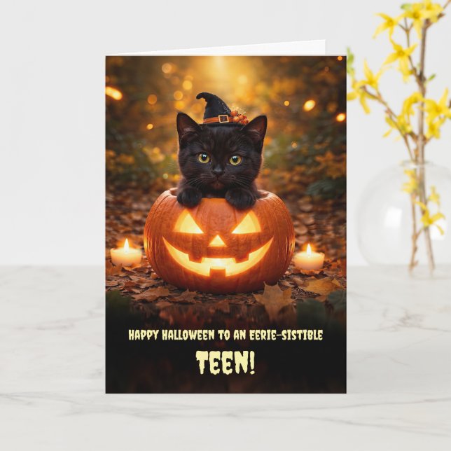 Carte Joyeux Halloween à un adolescent chat mignon (Fleur jaune)