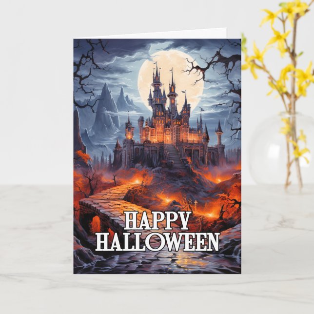 Carte Joyeux Halloween | Ancien manoir (Fleur jaune)