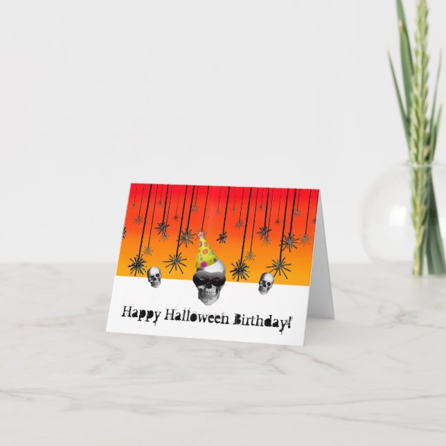 Carte Joyeux Halloween Anniversaire orange noir avec crâ (Devant)