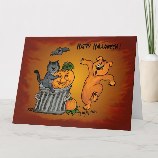 Carte Joyeux Halloween avec Chat Chat Chien et Araignée (Devant)