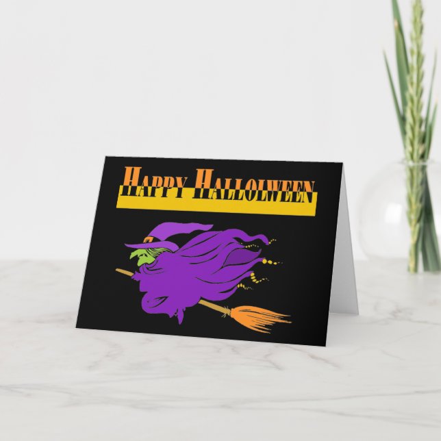 Carte Joyeux Halloween avec sorcière violette (Devant)