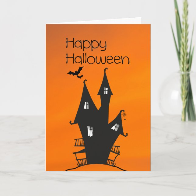 Carte Joyeux Halloween avec une maison de sorcières hant (Devant)