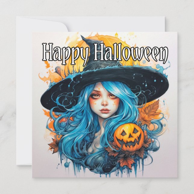 Carte Joyeux Halloween | Blue Haired Witch (Devant)