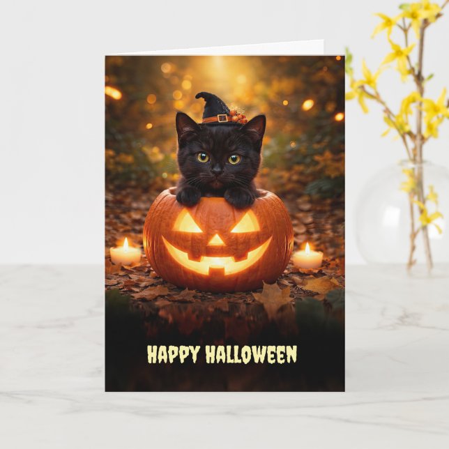 Carte Joyeux Halloween Chaton Noir Mignon  (Fleur jaune)