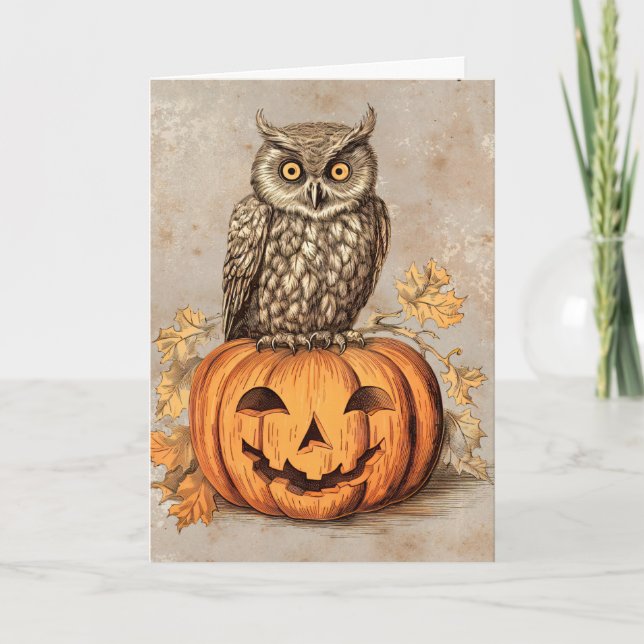 Carte Joyeux Halloween Chouette Mignonne & Citrouille (Devant)