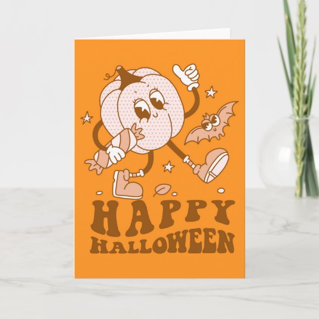 Carte Joyeux Halloween| Citrouille Rétro à Points (Devant)