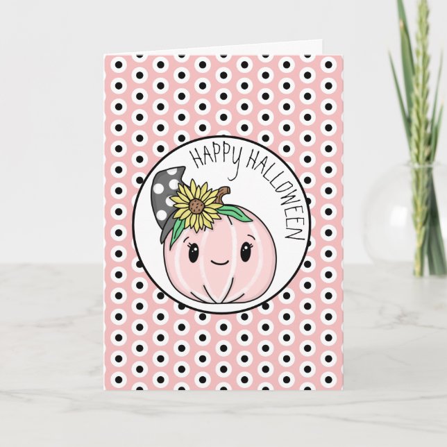 Carte Joyeux Halloween | Citrouille Rose et Points à Poi (Devant)