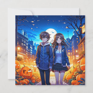 Carte Joyeux Halloween Couple d'anime se tenant la mai