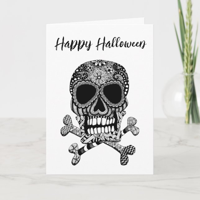 Carte Joyeux Halloween Crâne et Os Croisés Message (Devant)