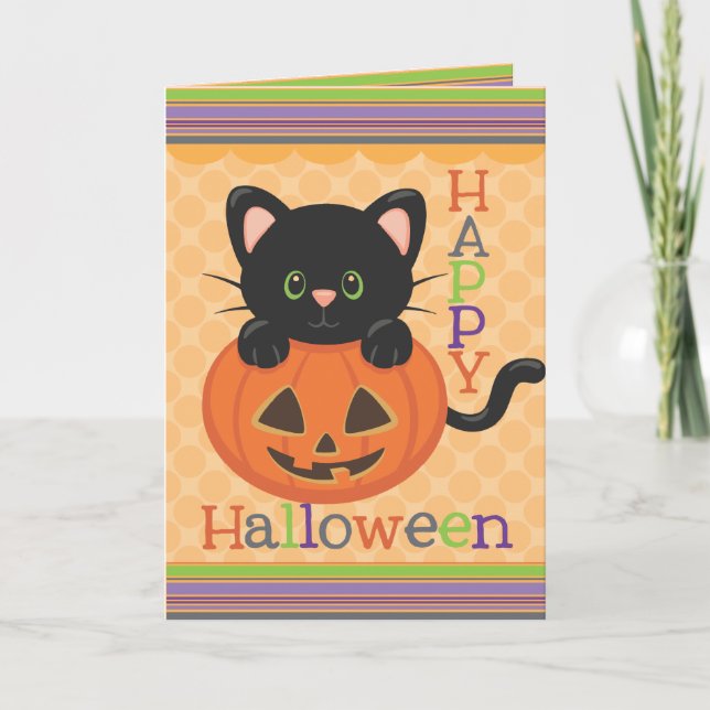 Carte Joyeux Halloween Cute Cat Jack o' Lantern (Devant)