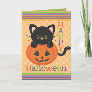 Carte Joyeux Halloween Cute Cat Jack o' Lantern