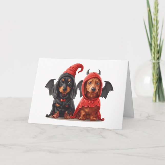 Carte Joyeux Halloween Dachshund Chiens Devil Bat (Devant)