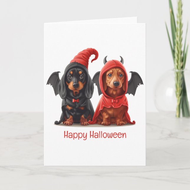 Carte Joyeux Halloween Dachshund Chiens Devil Bat (Devant)
