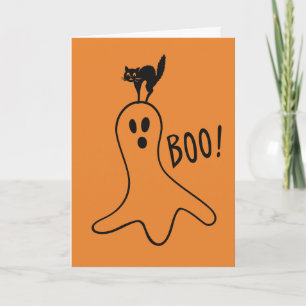 Carte Joyeux Halloween Fantôme Chat Noir Mignon Orange