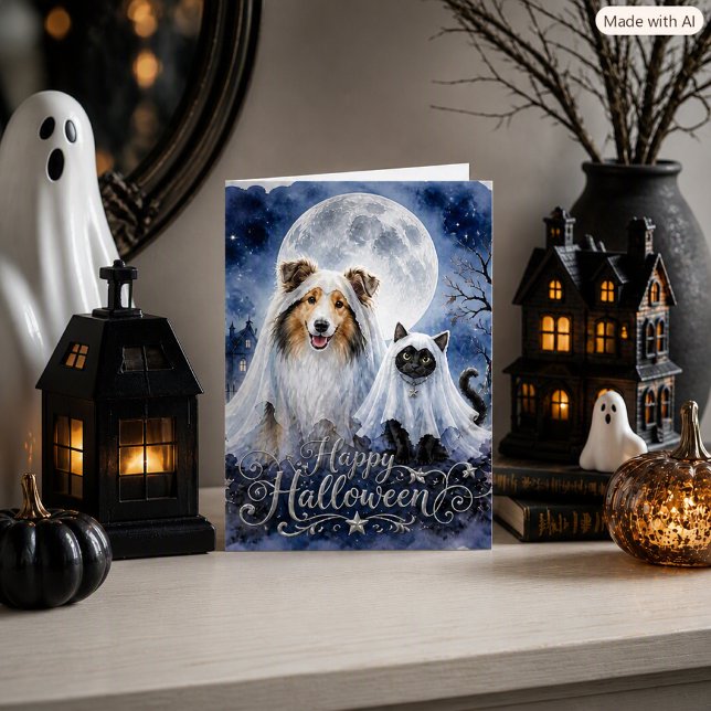 Carte Joyeux Halloween Fantômes Collie & Chat Plié (Créateur téléchargé)