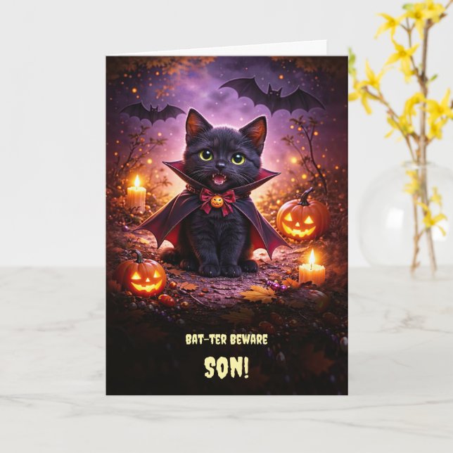 Carte Joyeux Halloween fils avec chauves-souris de chat  (Fleur jaune)