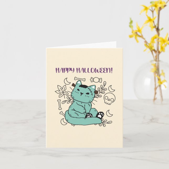 Carte Joyeux Halloween Frankenstein Chat (Fleur jaune)