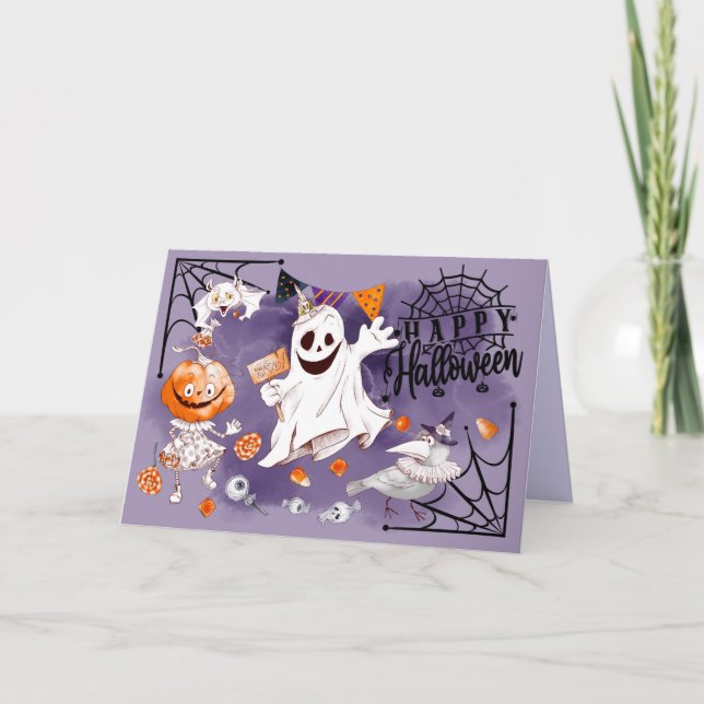 Carte Joyeux Halloween. Fun Ghost, Fille Citrouille, Cor (Devant)