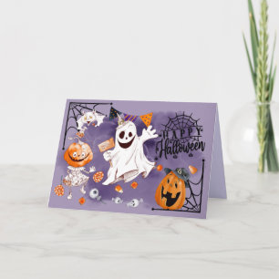 Carte Joyeux Halloween. Fun Ghost, Jack O'Lantern