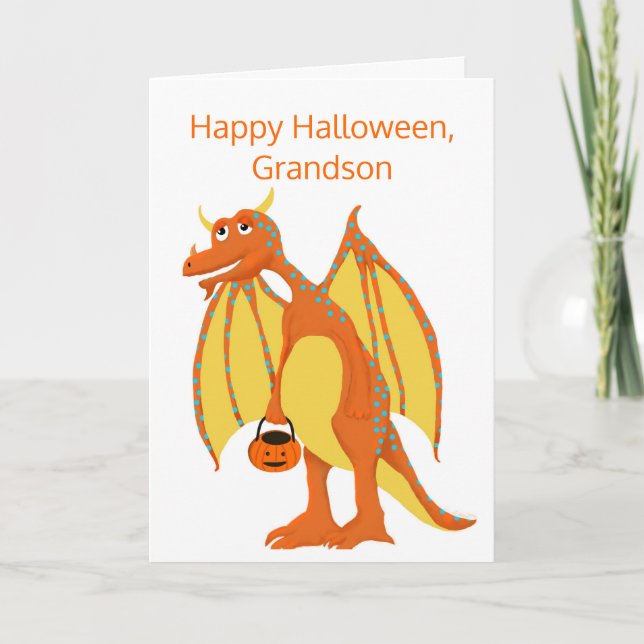 Carte Joyeux Halloween, Grand-fils, Dragon Orange Amical (Devant)