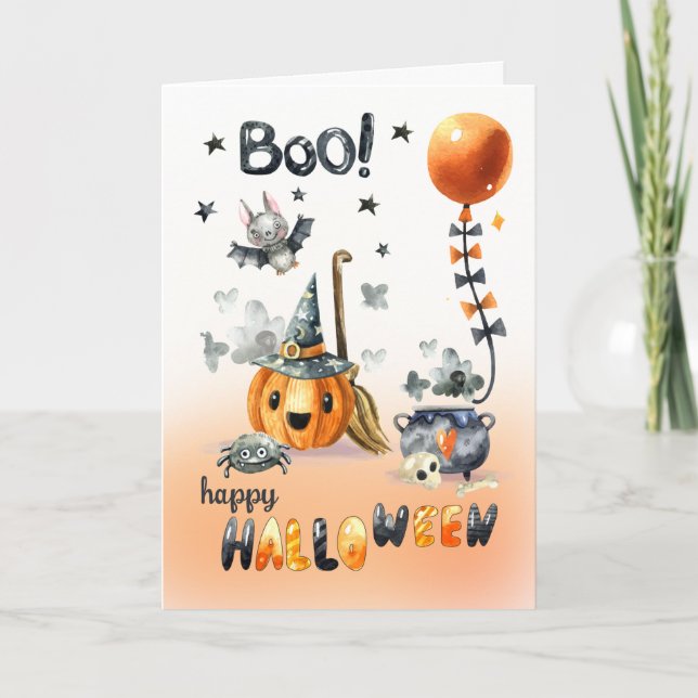 Carte Joyeux Halloween. Jack O'Lantern et Little Bat (Devant)