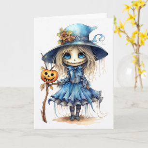 Carte Joyeux Halloween Jolie petite sorcière poupée