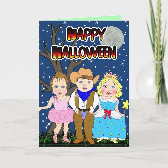 Carte Joyeux Halloween Kid Cowboy, Princesse, Ballerina (Devant)