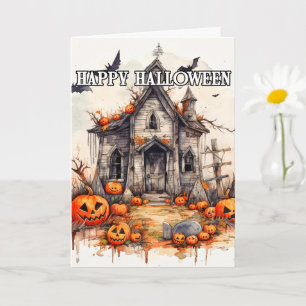 Carte Joyeux Halloween   Maison ancienne hantée et convi