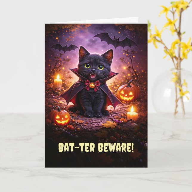 Carte Joyeux Halloween Mignon Chaton Vampire Chat avec C (Fleur jaune)