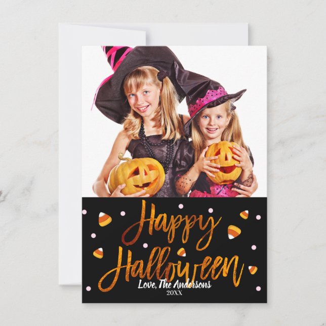 Carte Joyeux Halloween Orange Feuille Moderne Écriture P (Devant)