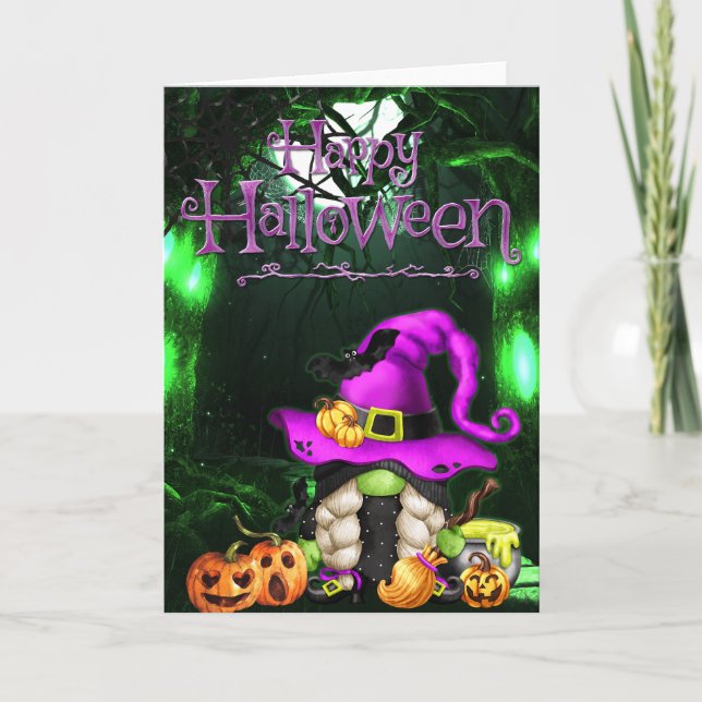 Carte Joyeux Halloween Petit Gnome Sorcière (Devant)