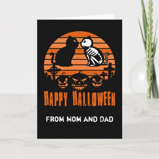 Carte Joyeux Halloween Skeleton Chat Retro Sunset (Devant)