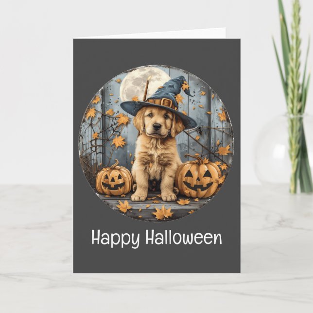 Carte Joyeux Halloween sorcier Golden Retriever Citrouil (Devant)